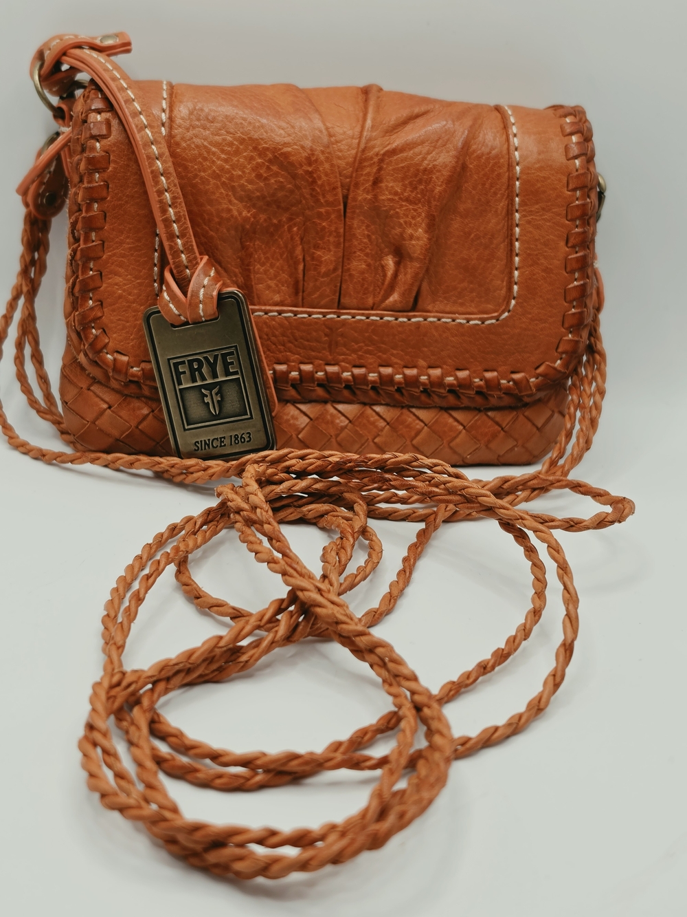 FRYE Orange Textured Genuine Leather Braided Crossbody Purse Bag With Hang Tag